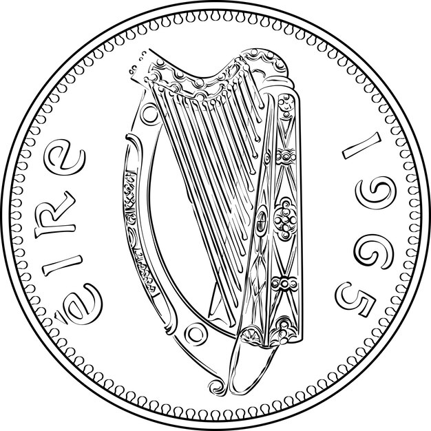 Penique de moneda de oro predecimal de dinero irlandés con arpa celta en el anverso imagen en blanco y negro