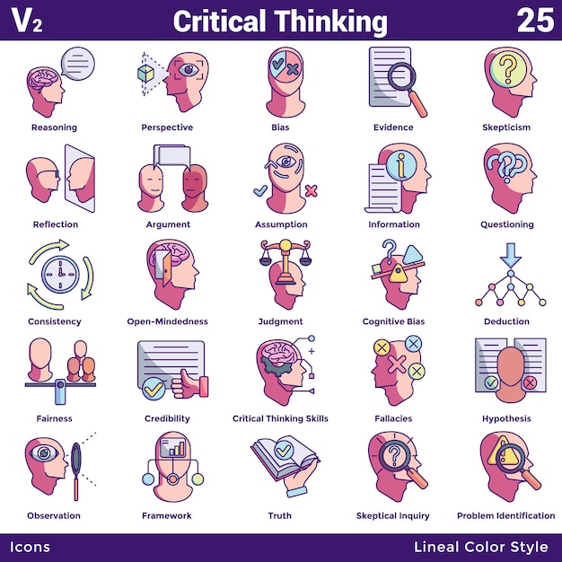 Pensamiento crítico icono paquete 25 en estilo de color lineal