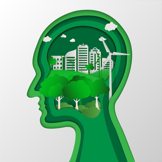 Pensamiento humano conservación del medio ambiente paisaje natural y concepto ecológico concepto origami y idea de ecología Salvar la Tierra Planeta Mundo concepto Día Mundial del Medio Ambiente concepto