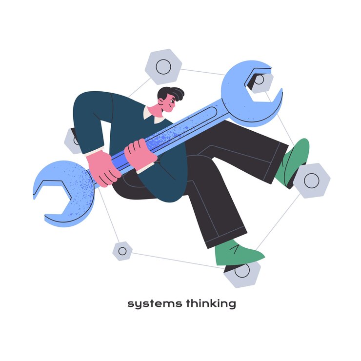 Vector pensamiento sistémico concepto mentalidad analítica pensamientos críticos tipo mbti persona con proceso mental racional arregla el ajuste de engranajes con llave inglesa ilustración vectorial aislada plana en fondo blanco