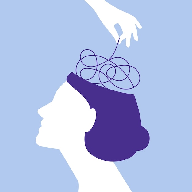 Pensamientos confusos concepto cabeza femenina sobre fondo azul.