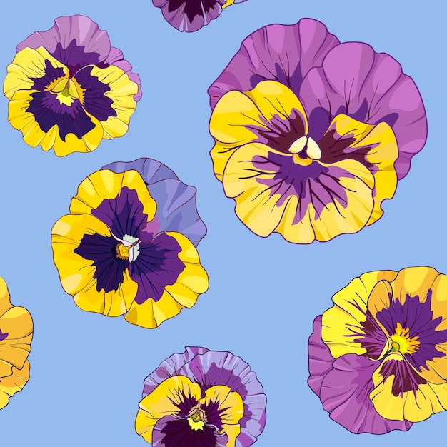 Pensamientos florales de patrones sin fisuras ilustración vectorial viola flores amarillas y púrpuras hojas verdes