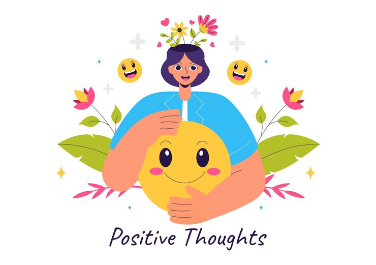 Vector pensamientos positivos ilustración vectorial con una mentalidad positiva que simboliza la creatividad y los sueños en un fondo de dibujos animados de estilo plano
