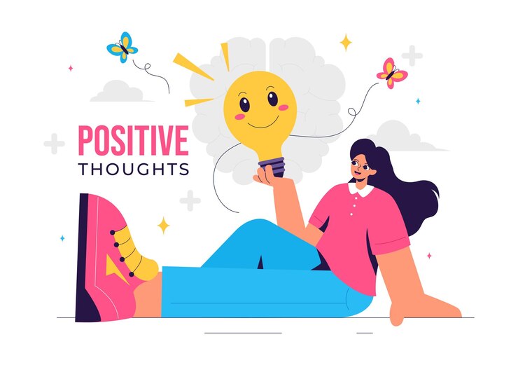 Vector pensamientos positivos ilustración vectorial con una mentalidad positiva que simboliza la creatividad y los sueños en un fondo de dibujos animados de estilo plano