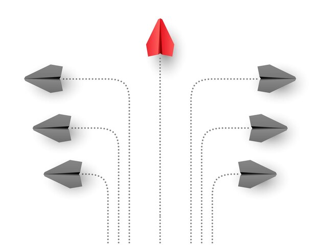 Vector pensar en el concepto de individualidad diferente líder individual y único avión de papel vuela hacia adelante vector