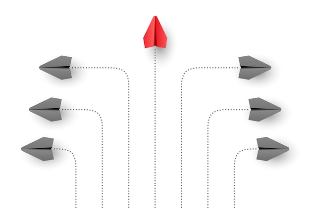 Pensar en el concepto de individualidad diferente Líder individual y único Avión de papel vuela hacia adelante Vector