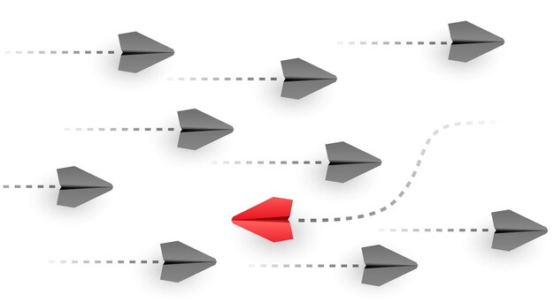 Pensar en el concepto de individualidad diferente Líder individual y único avión de papel vuela hacia el lado Vector