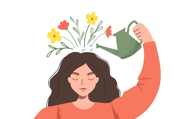 Vector pensar positivamente como una forma de pensar. mujer regando plantas que simbolizan pensamientos felices. ilustración plana
