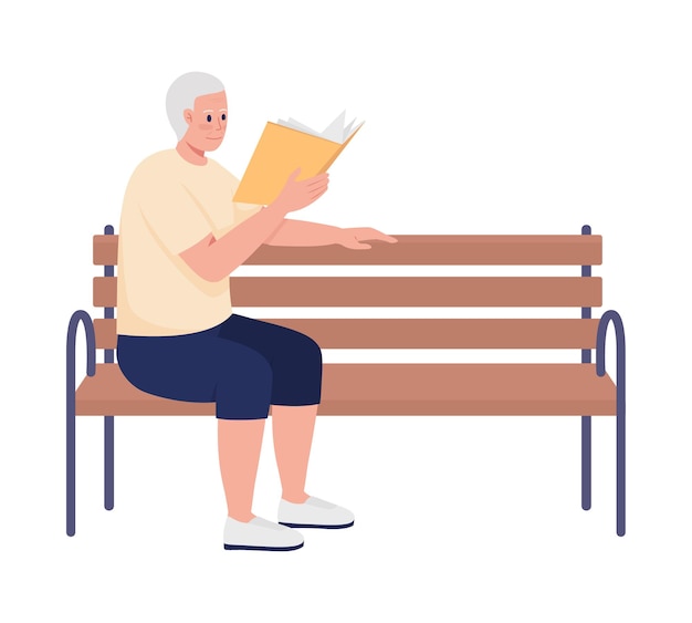 Pensionista masculino leyendo un libro y sentado en un banco de color semiplano personaje vectorial figura sentada persona de cuerpo completo en blanco ilustración de estilo de caricatura simple para diseño gráfico web y animación