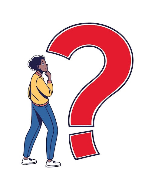 pensive woman with large red question mark illustration