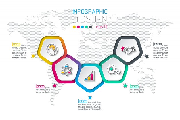 Pentágonos etiqueta infografía con 5 pasos.