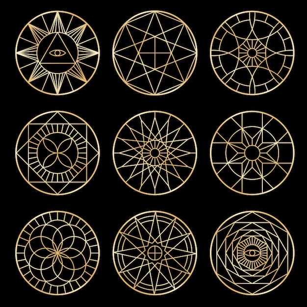 Pentagramas geométricos esotéricos. Símbolos místicos sagrados espirituales