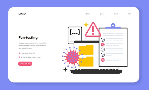 Pentesting banner web o página de inicio Tecnología de seguridad cibernética o web Protección de datos digitales y seguridad de bases de datos Corrección de errores y prevención de ciberataques Ilustración de vector plano
