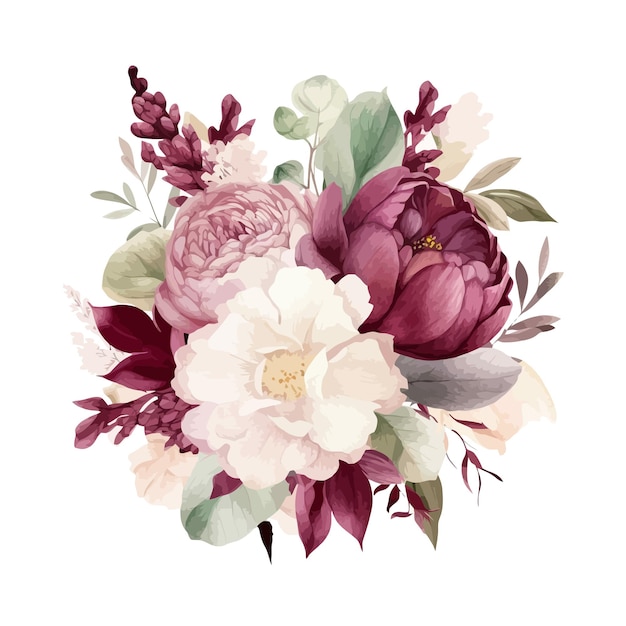 peonía burdeos magnolia blanca rosa rosa acuarela floral invitación de boda
