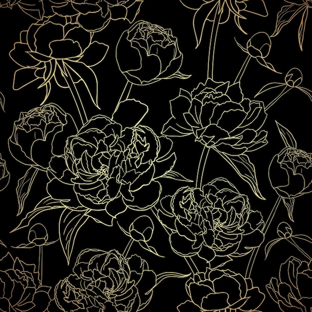 Peonía flores de patrones sin fisuras fondo negro y oro