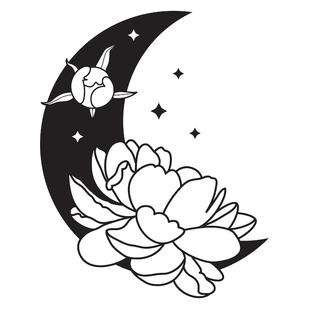 Peonía luna flor puerta blanco negro línea logo boceto tatuaje boda