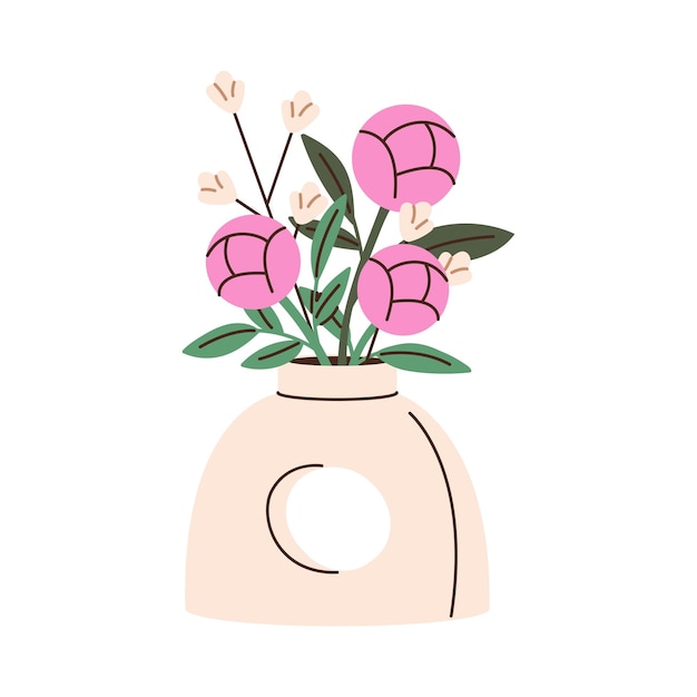 Peonía rosa en un jarrón de cerámica moderno Rota un ramo de flores en una olla de cerámica floral en estilo minimalista Hermosas plantas con flores para la decoración del hogar Ilustración vectorial aislada plana sobre fondo blanco