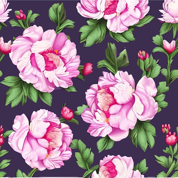 Peonías rosadas flores y hojas floral vector patrón sin costuras primavera verano