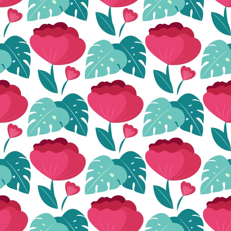 Vector peonías rosas con monstera en un patrón impecable