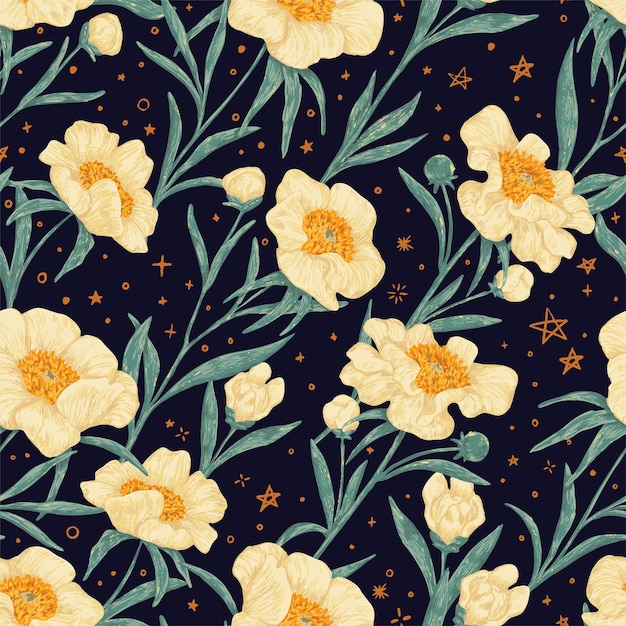 Peony Claire de Lune plantas de patrones sin fisuras. Ilustración vectorial dibujada a mano. Adorno retro de flores silvestres. Diseño botánico para fondo, estampado, textil, papel tapiz.