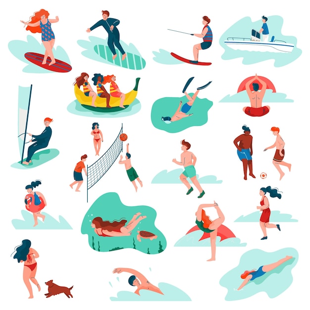 People at Seashore or Beach Engaged in Water Activity Big Vector Set