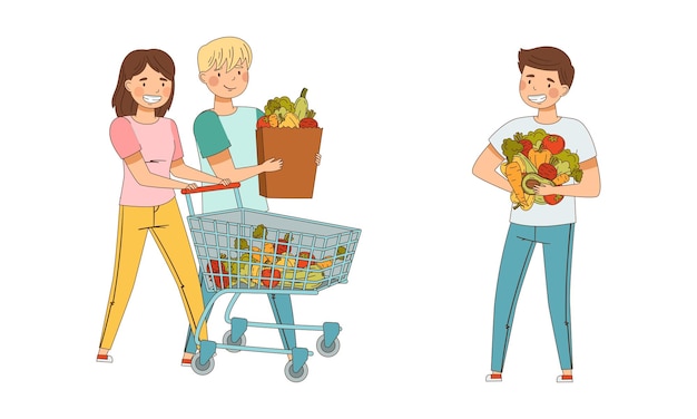 People buying and carrying fruit and vegetables Healthy lifestyle vegetarian diet concept cartoon vector illustration