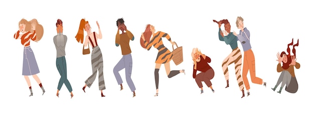 people character afraid of something feeling scared and terrified screaming and escaping vector illustration set