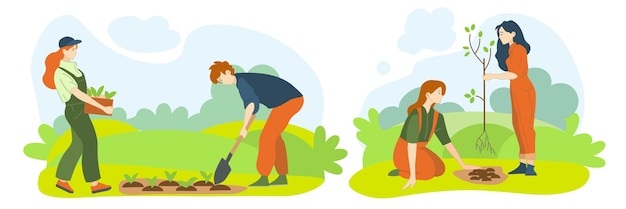 People volunteers team planting trees in city park seedlings in the garden on the farm