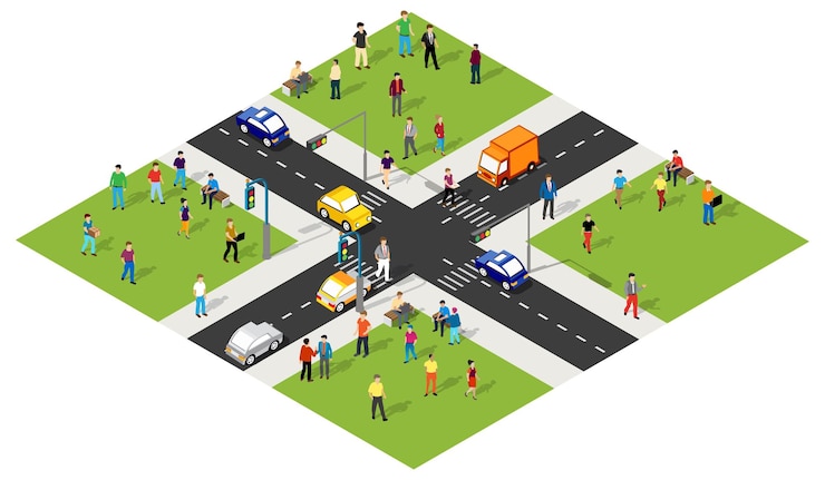 Vector people walking and driving at crossroads in isometric city