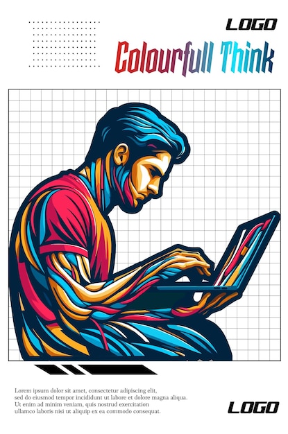 Vector people work in front laptop rainbow colour style