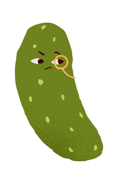 Pepino escéptico sospechoso con expresión desconfiada de la cara dudando de la emoción carácter vegetal divertido descontento con anteojos monóculo ilustración vectorial plana aislada en fondo blanco