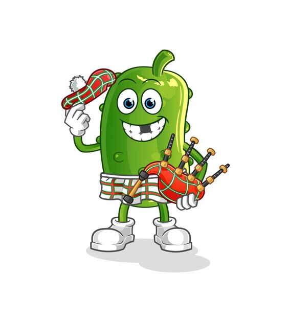 Pepino escocés con personaje de dibujos animados de vector de gaitas