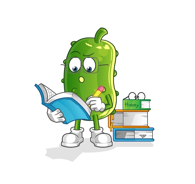 Pepino, estudiar, mascota, caricatura, vector