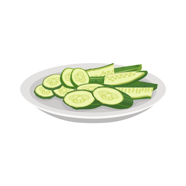 Pepino en rodajas verdes en el plato Deliciosos alimentos frescos vegetales saludables para la preparación de ensaladas Cosecha Vector ilustración plana