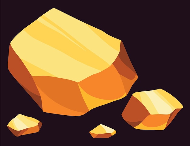 Pepitas de mina de oro Objeto de minería de mineral precioso Juego de oro Juego de piedra de interfaz de usuario Tesoro de dibujos animados Roca ámbar aislada en negro Icono de vector de roca poligonal metal amarillo