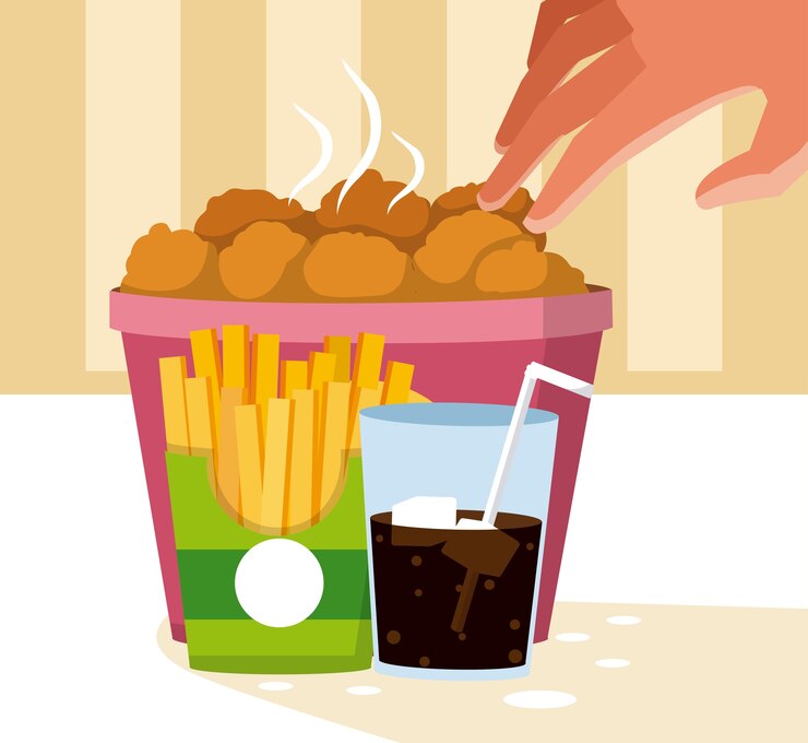 Vector pepitas y refresco con papas fritas