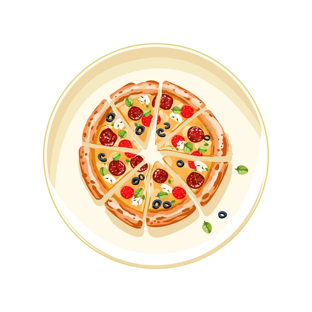 Pepperoni pizza pizza italiana cortada en pedazos en un plato ligero comida rápida tomates en rodajas de salami y