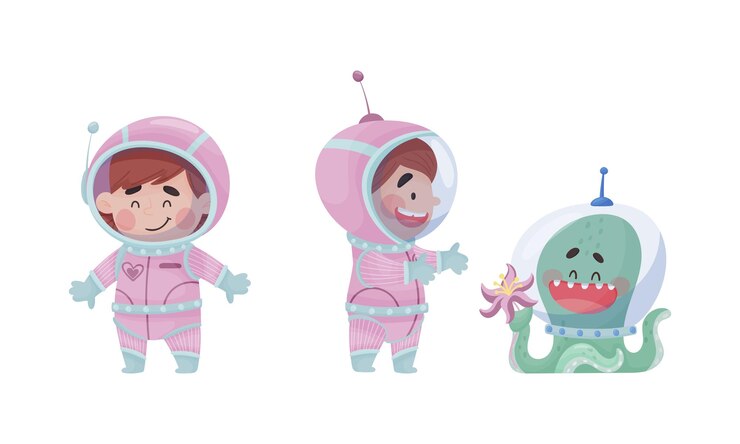 Vector una pequeña astronauta con un traje espacial explorando la luna hablando con un conjunto de vectores de pulpo