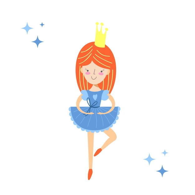 Pequeña bailarina con cabello rojo y corona Ilustración vectorial plana