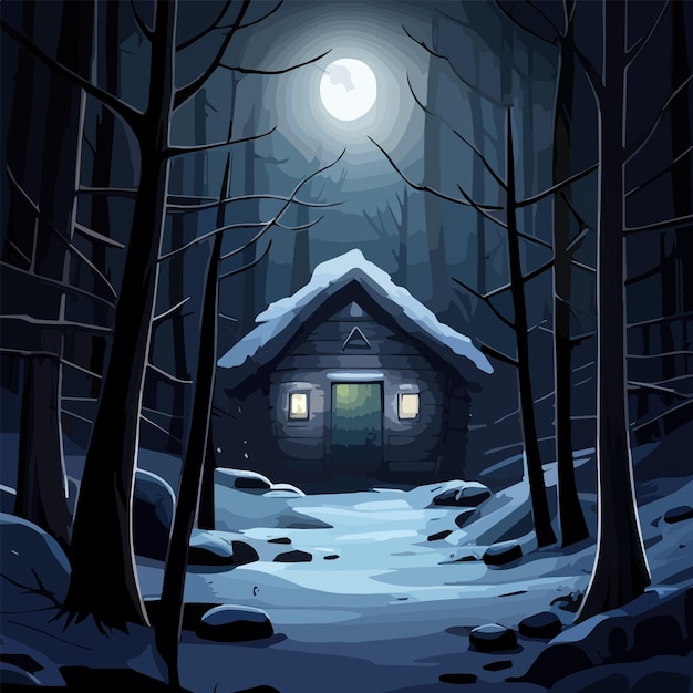 Pequeña cabaña de madera en un bosque oscuro de hadas en la nieve alrededor de una cabaña en la ilustración de vector de sendero de nieve