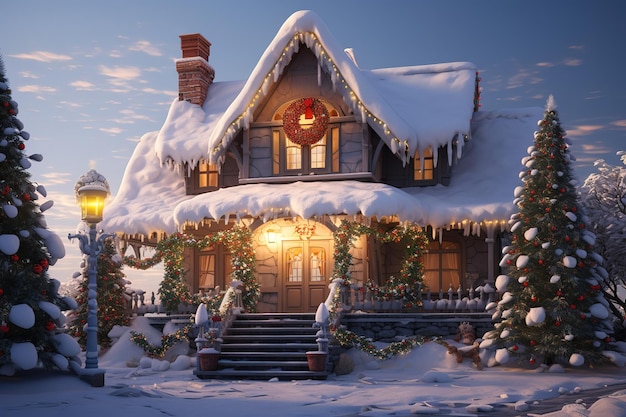 Una pequeña cabaña de Navidad en la ilustración 3D superior