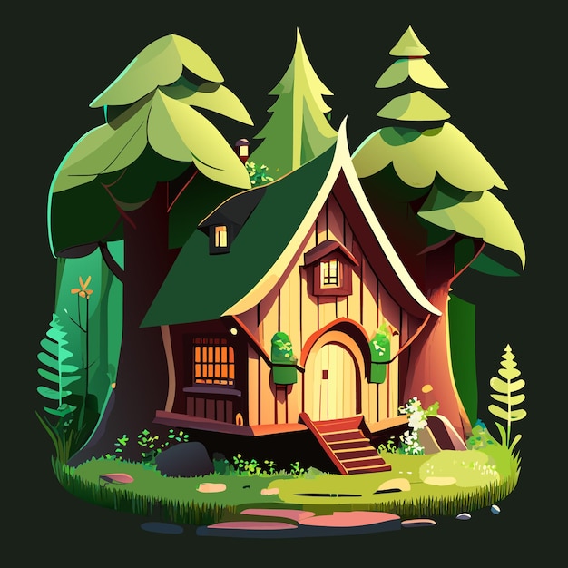 Vector pequeña casa de madera en un bosque de cuento de hadas