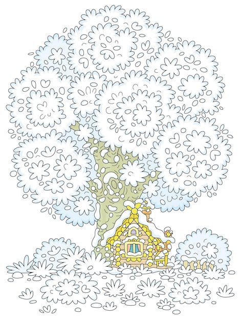 Vector pequeña casa de madera debajo de un árbol cubierto de nieve