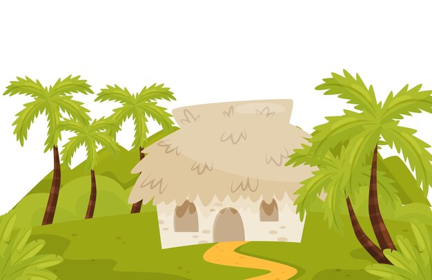 Pequeña casa de piedra en la selva salvaje Paisaje natural con palmeras hierba verde y bungalow paisaje de verano de dibujos animados Ilustración vectorial plana colorida para cartel publicitario o libro de cuentos para niños
