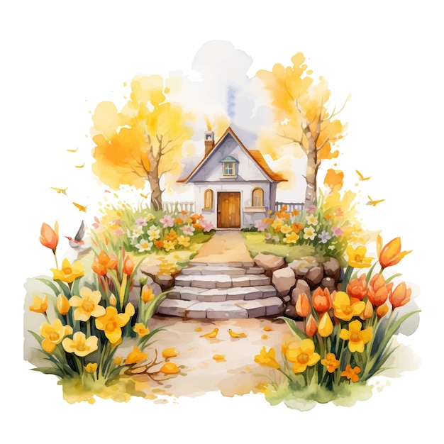 Pequeña casa rodeada de árboles y flores pintura acuarela.