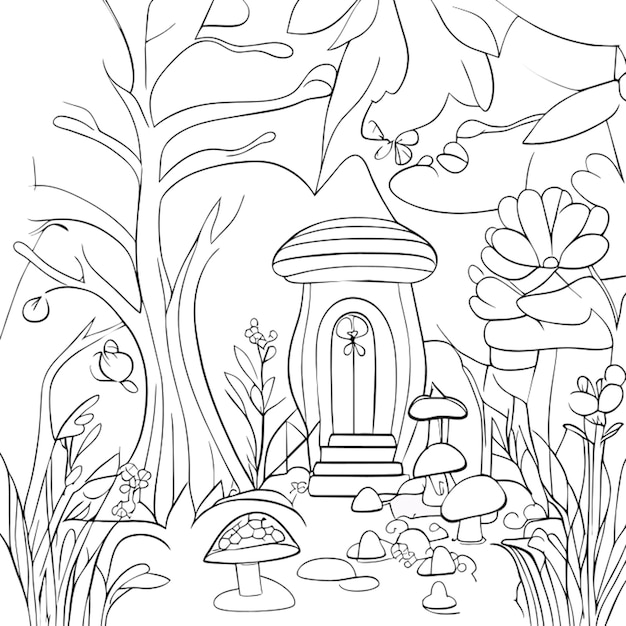Pequeña casa de setas detallada en el bosque con ardillas y mariposas ilustración vectorial