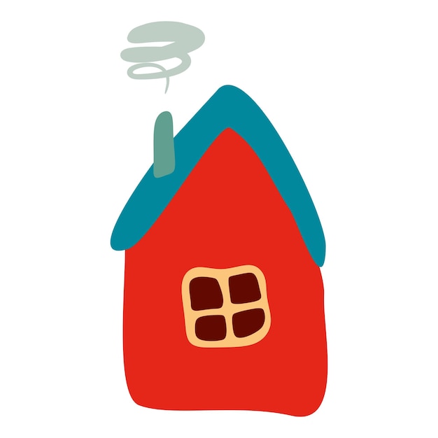 Pequeña casa torcida colorida en estilo plano con humo de techo de chimenea y ventana Dibujos animados Niños dibujo Ilustración vectorial Fondo blanco aislado Diseño arte Hogar para tarjeta adhesiva Póster