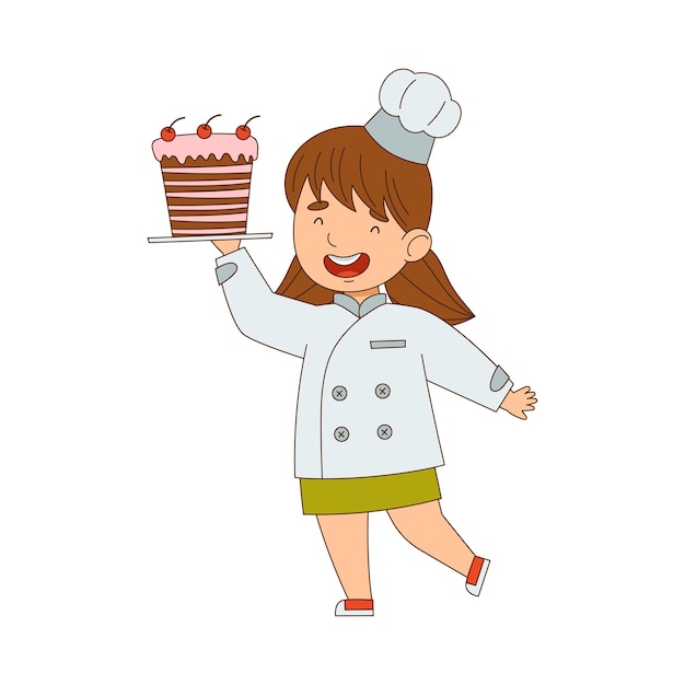Pequeña chef con toque blanco y chaqueta sosteniendo el plato con la ilustración vectorial del pastel apetitoso
