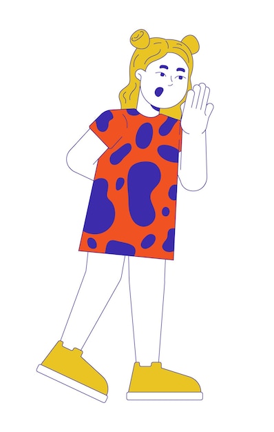 Pequeña chica caucásica expresando emociones de sorpresa personaje de dibujos animados en 2D
