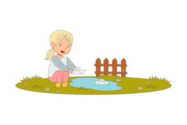 Pequeña chica rubia disfrutando de la primavera jugando con un barco de papel en una ilustración vectorial de charcos
